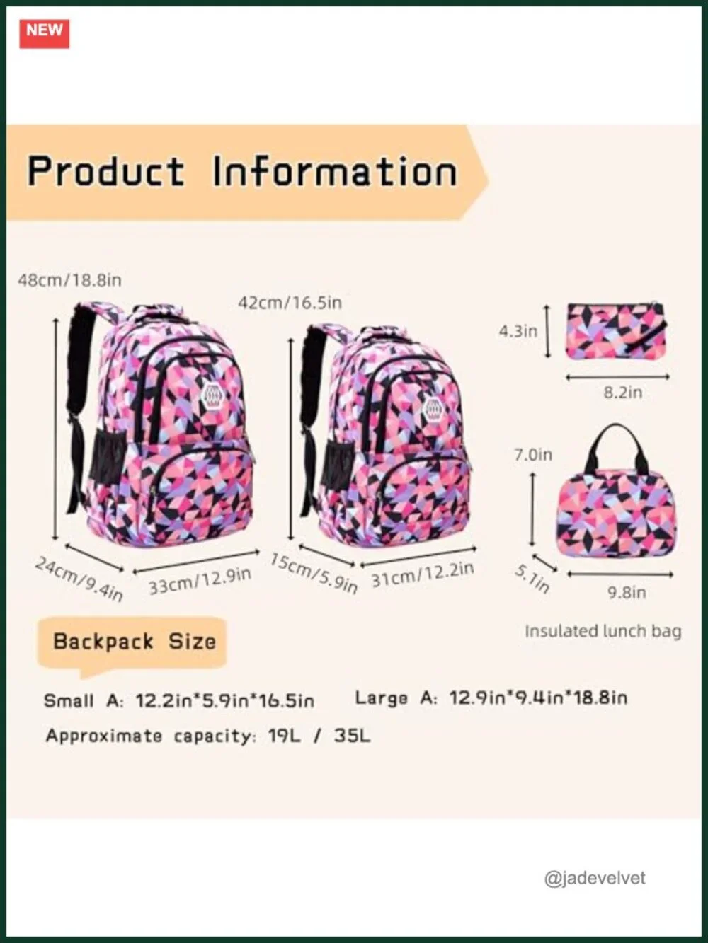 3pcs Geometric Print Girls Backpack and Lunch Bag Set for School Middle High